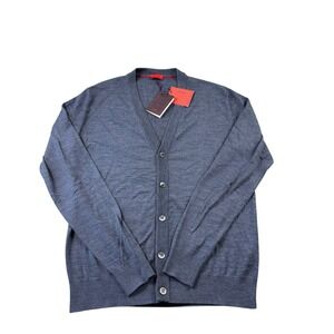 Isaia Napoli Blue Merino Wool Pearl Button Men's Cardigan Size Small NWT